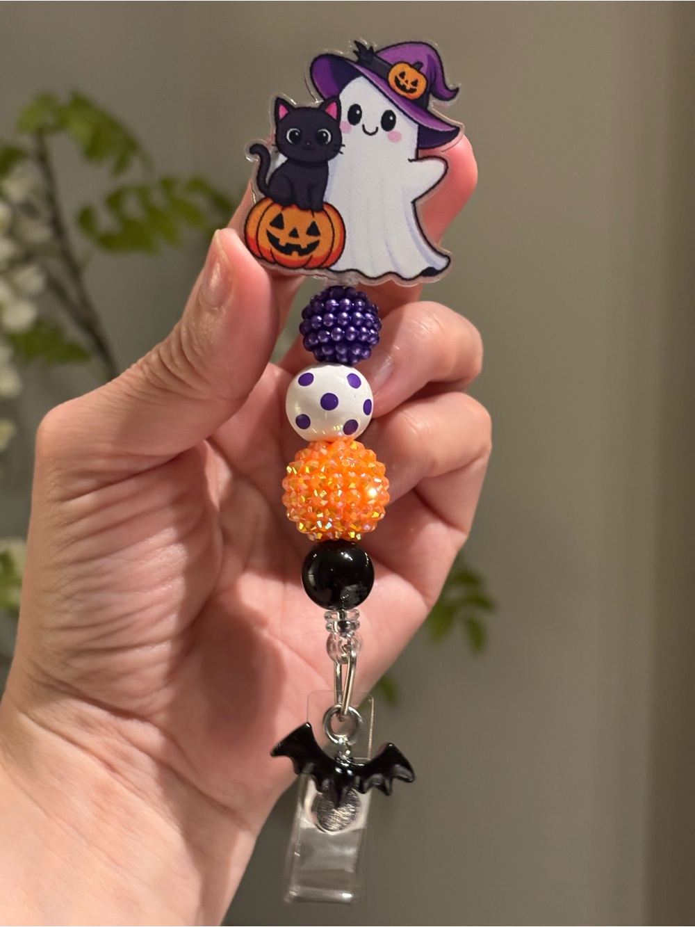 Handmade Halloween Ghost Cat Beaded Badge Reel with Bat Charm